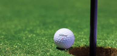 Golfball der Marke Titleist direkt neben der Lochfahne im Gras
