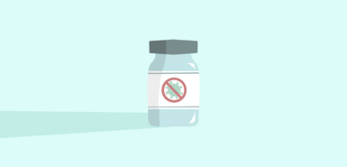 Gezeichnetes Fläschen mit mit einem durchgestrichenen Coronavirus