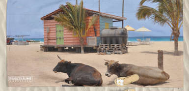 Bedrucktes Handtuch liegt im Sand neben FlipFlops